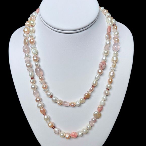 Vintage Honora 40" Pearl & Gemstone Necklace & Bracelet Set Pink Rhodochrosite - Picture 4 of 16
